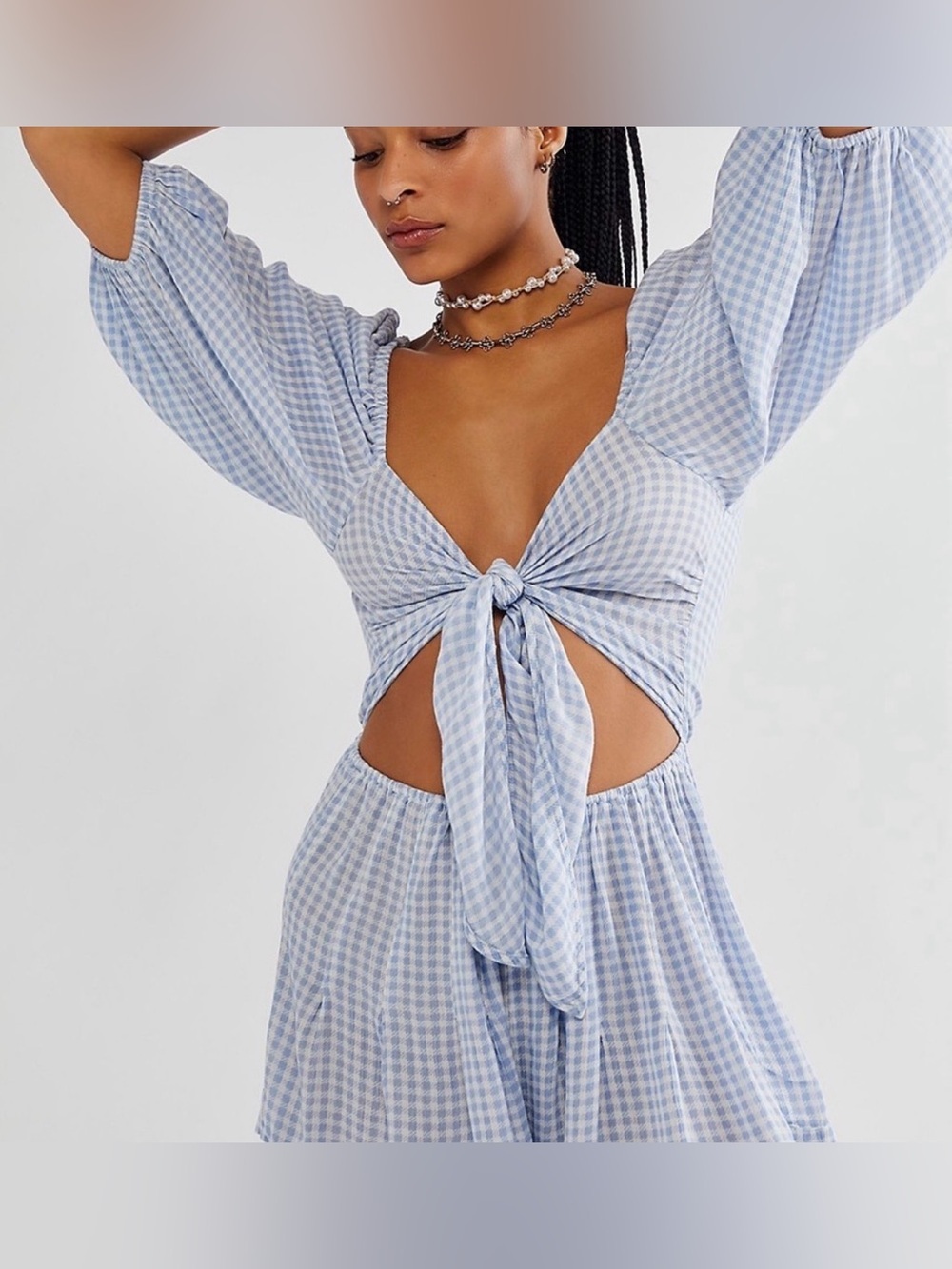 Free People Ashlee Tie Front Romper | Blue Gingham | Size Small | EUC